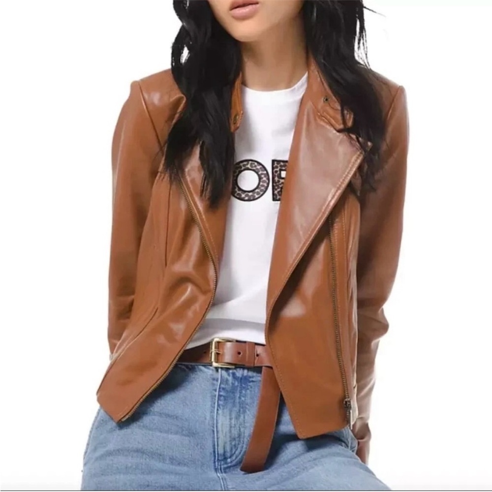 Michael Kors Tan 100% Lambskin Leather Moto Jacket Jacket Sz S NWOT